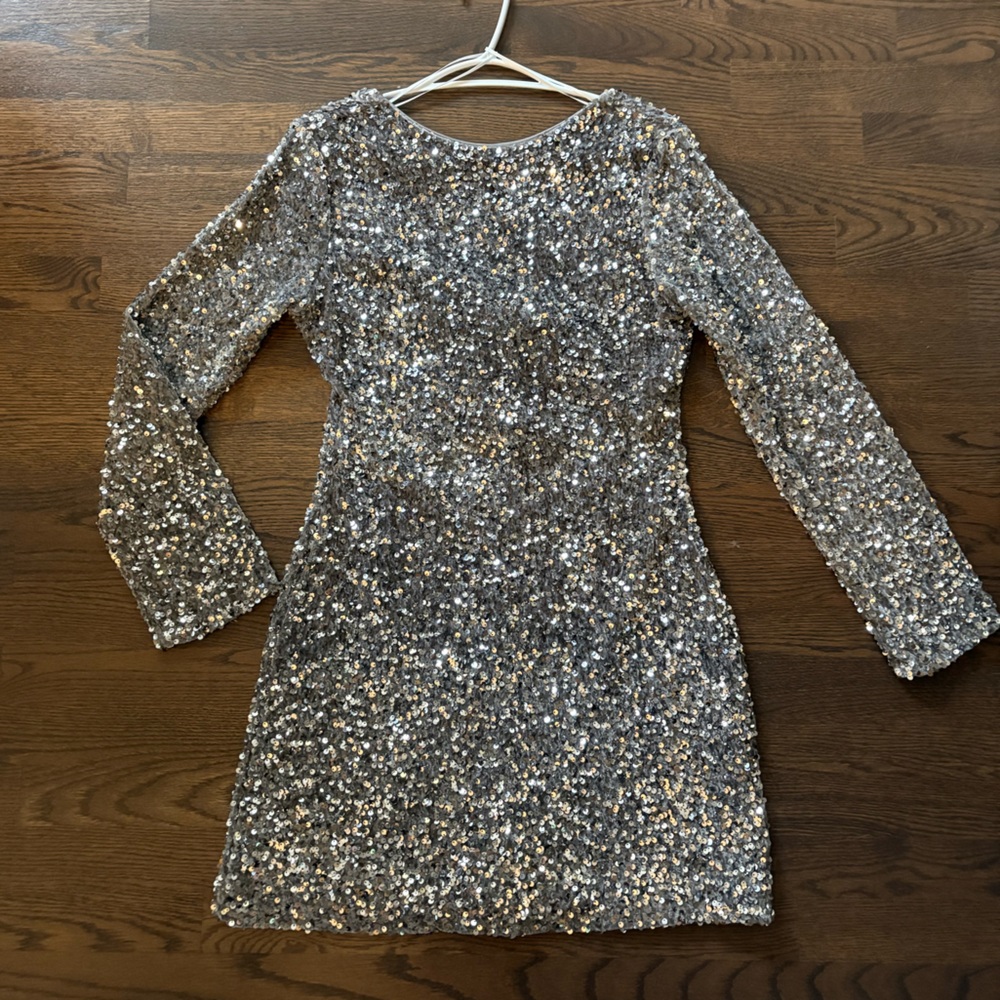 H&M Glittering Silver Sequin Dress with White Ribbon